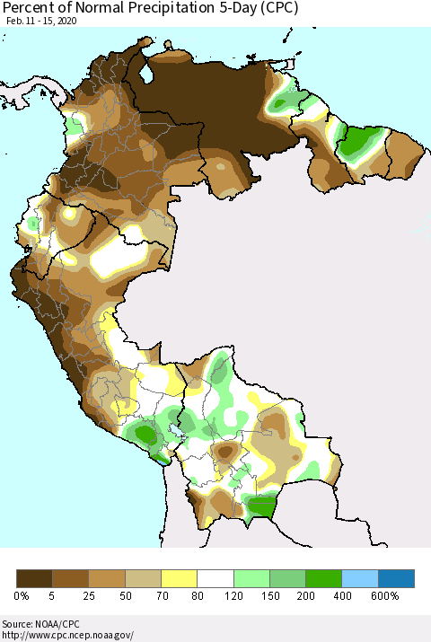 Northern South America Percent of Normal Precipitation 5-Day (CPC) Thematic Map For 2/11/2020 - 2/15/2020