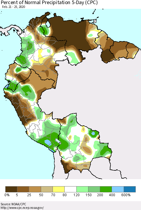 Northern South America Percent of Normal Precipitation 5-Day (CPC) Thematic Map For 2/21/2020 - 2/25/2020