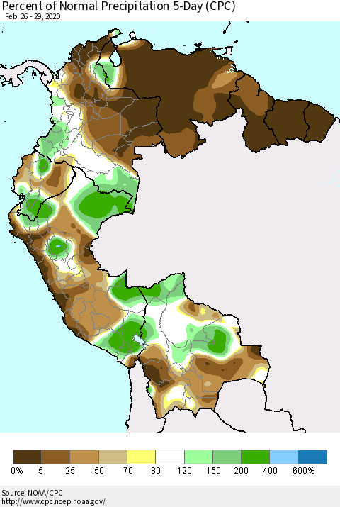 Northern South America Percent of Normal Precipitation 5-Day (CPC) Thematic Map For 2/26/2020 - 2/29/2020