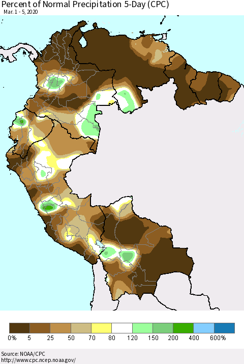 Northern South America Percent of Normal Precipitation 5-Day (CPC) Thematic Map For 3/1/2020 - 3/5/2020