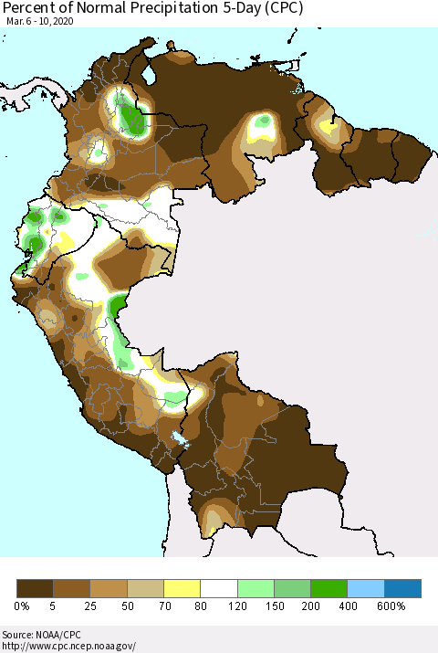 Northern South America Percent of Normal Precipitation 5-Day (CPC) Thematic Map For 3/6/2020 - 3/10/2020