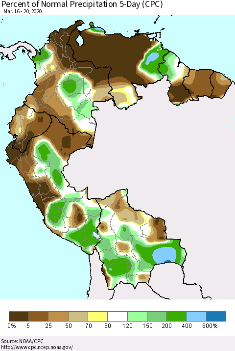Northern South America Percent of Normal Precipitation 5-Day (CPC) Thematic Map For 3/16/2020 - 3/20/2020