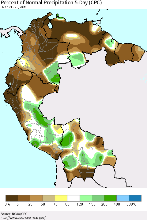 Northern South America Percent of Normal Precipitation 5-Day (CPC) Thematic Map For 3/21/2020 - 3/25/2020