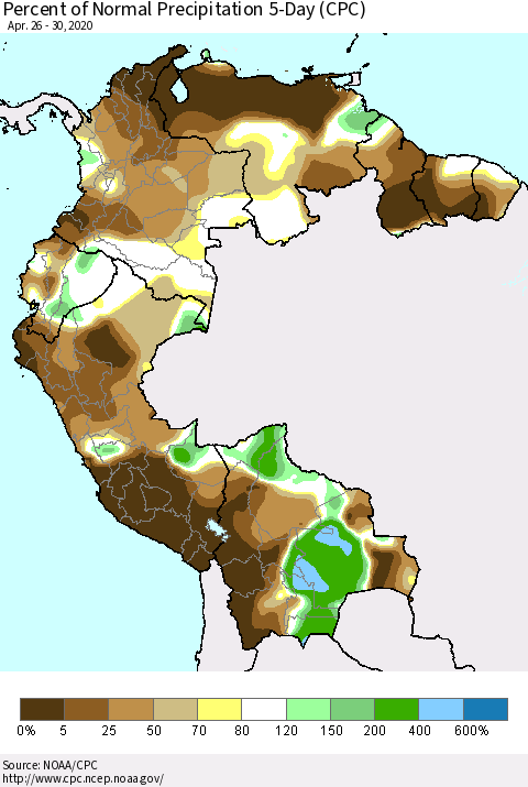 Northern South America Percent of Normal Precipitation 5-Day (CPC) Thematic Map For 4/26/2020 - 4/30/2020
