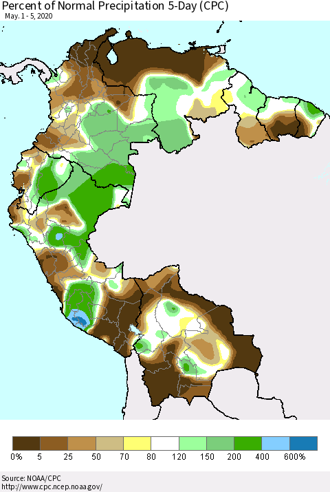 Northern South America Percent of Normal Precipitation 5-Day (CPC) Thematic Map For 5/1/2020 - 5/5/2020