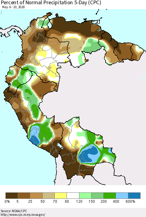 Northern South America Percent of Normal Precipitation 5-Day (CPC) Thematic Map For 5/6/2020 - 5/10/2020