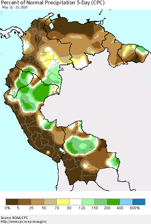 Northern South America Percent of Normal Precipitation 5-Day (CPC) Thematic Map For 5/21/2020 - 5/25/2020