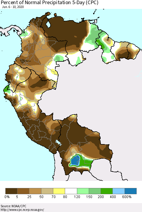 Northern South America Percent of Normal Precipitation 5-Day (CPC) Thematic Map For 6/6/2020 - 6/10/2020
