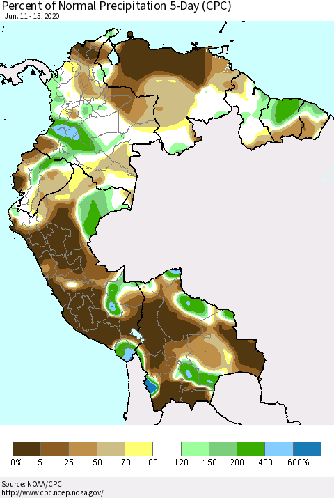 Northern South America Percent of Normal Precipitation 5-Day (CPC) Thematic Map For 6/11/2020 - 6/15/2020
