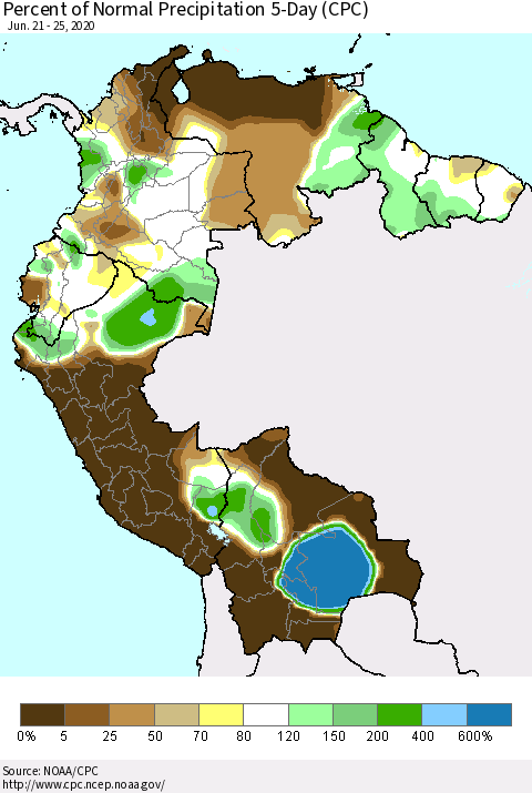 Northern South America Percent of Normal Precipitation 5-Day (CPC) Thematic Map For 6/21/2020 - 6/25/2020