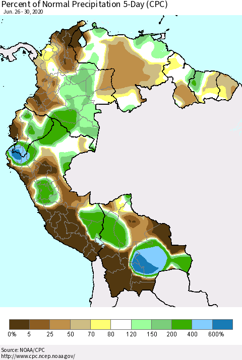 Northern South America Percent of Normal Precipitation 5-Day (CPC) Thematic Map For 6/26/2020 - 6/30/2020