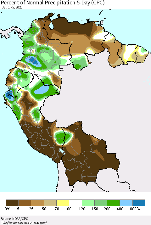 Northern South America Percent of Normal Precipitation 5-Day (CPC) Thematic Map For 7/1/2020 - 7/5/2020