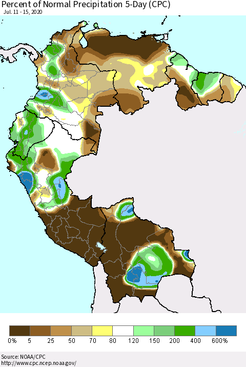 Northern South America Percent of Normal Precipitation 5-Day (CPC) Thematic Map For 7/11/2020 - 7/15/2020