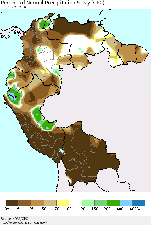 Northern South America Percent of Normal Precipitation 5-Day (CPC) Thematic Map For 7/16/2020 - 7/20/2020