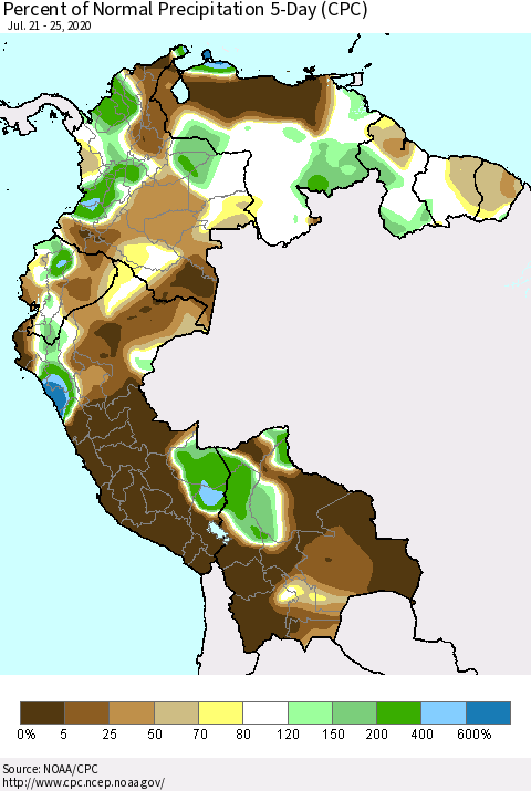 Northern South America Percent of Normal Precipitation 5-Day (CPC) Thematic Map For 7/21/2020 - 7/25/2020