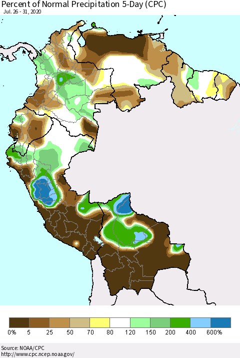 Northern South America Percent of Normal Precipitation 5-Day (CPC) Thematic Map For 7/26/2020 - 7/31/2020