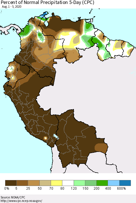 Northern South America Percent of Normal Precipitation 5-Day (CPC) Thematic Map For 8/1/2020 - 8/5/2020