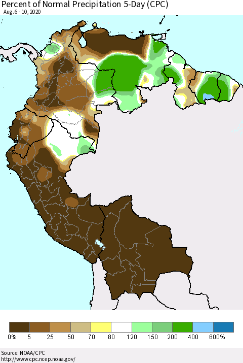 Northern South America Percent of Normal Precipitation 5-Day (CPC) Thematic Map For 8/6/2020 - 8/10/2020