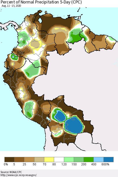 Northern South America Percent of Normal Precipitation 5-Day (CPC) Thematic Map For 8/11/2020 - 8/15/2020