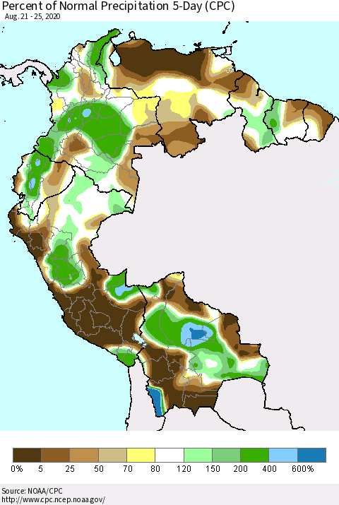 Northern South America Percent of Normal Precipitation 5-Day (CPC) Thematic Map For 8/21/2020 - 8/25/2020
