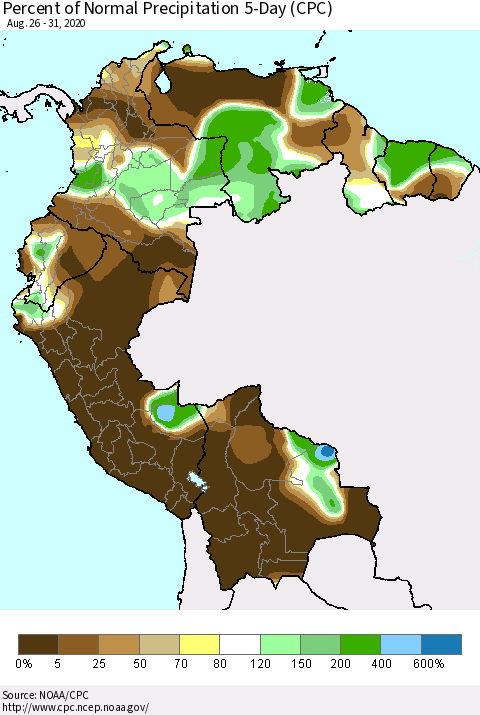 Northern South America Percent of Normal Precipitation 5-Day (CPC) Thematic Map For 8/26/2020 - 8/31/2020