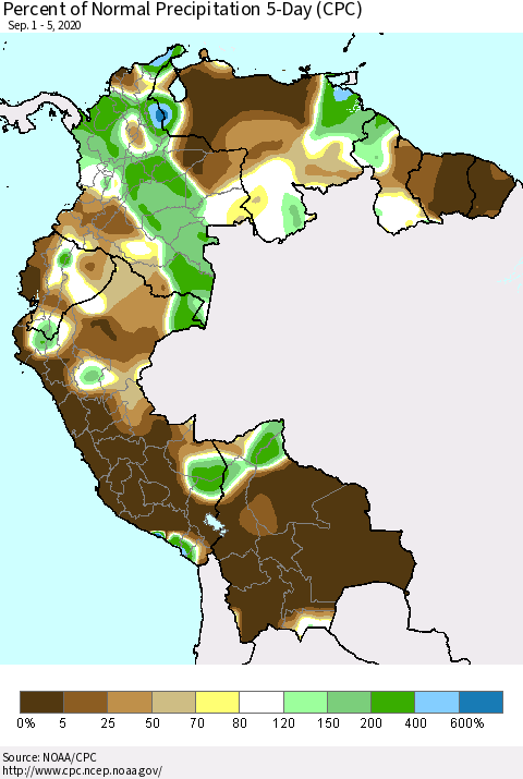 Northern South America Percent of Normal Precipitation 5-Day (CPC) Thematic Map For 9/1/2020 - 9/5/2020