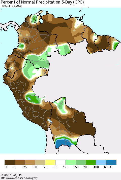 Northern South America Percent of Normal Precipitation 5-Day (CPC) Thematic Map For 9/11/2020 - 9/15/2020