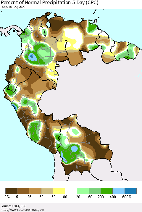 Northern South America Percent of Normal Precipitation 5-Day (CPC) Thematic Map For 9/16/2020 - 9/20/2020