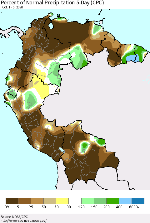 Northern South America Percent of Normal Precipitation 5-Day (CPC) Thematic Map For 10/1/2020 - 10/5/2020