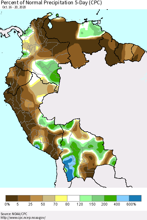Northern South America Percent of Normal Precipitation 5-Day (CPC) Thematic Map For 10/16/2020 - 10/20/2020