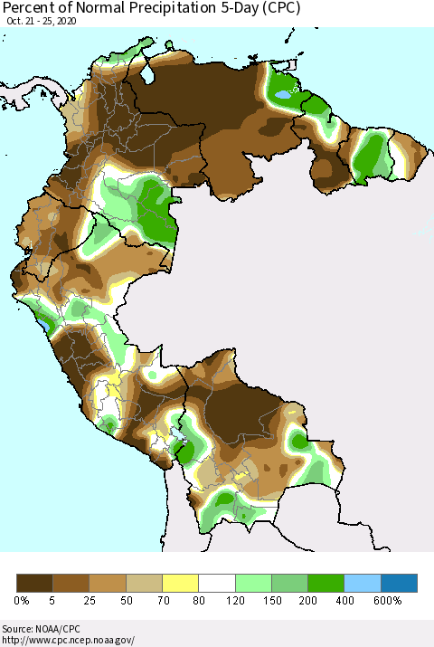 Northern South America Percent of Normal Precipitation 5-Day (CPC) Thematic Map For 10/21/2020 - 10/25/2020