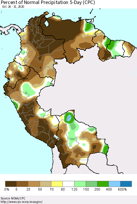 Northern South America Percent of Normal Precipitation 5-Day (CPC) Thematic Map For 10/26/2020 - 10/31/2020