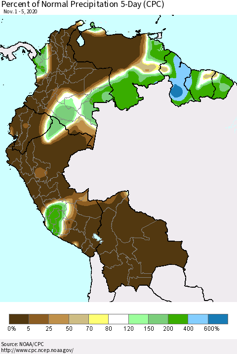 Northern South America Percent of Normal Precipitation 5-Day (CPC) Thematic Map For 11/1/2020 - 11/5/2020