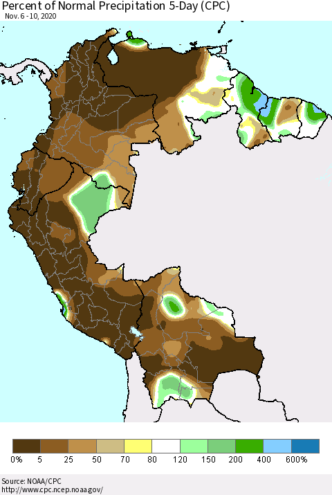 Northern South America Percent of Normal Precipitation 5-Day (CPC) Thematic Map For 11/6/2020 - 11/10/2020
