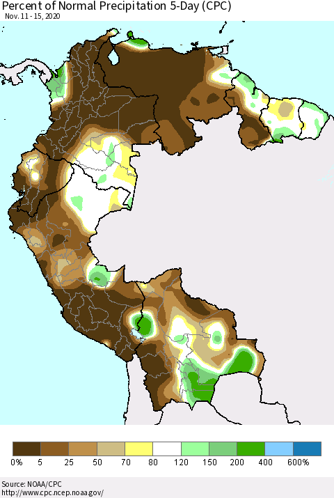 Northern South America Percent of Normal Precipitation 5-Day (CPC) Thematic Map For 11/11/2020 - 11/15/2020