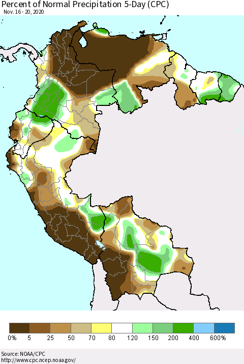 Northern South America Percent of Normal Precipitation 5-Day (CPC) Thematic Map For 11/16/2020 - 11/20/2020