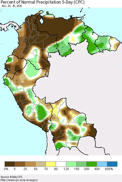 Northern South America Percent of Normal Precipitation 5-Day (CPC) Thematic Map For 11/26/2020 - 11/30/2020