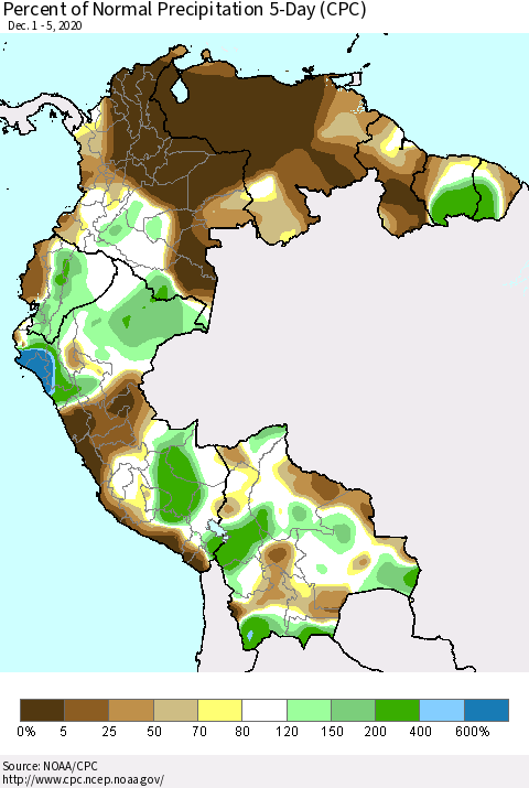 Northern South America Percent of Normal Precipitation 5-Day (CPC) Thematic Map For 12/1/2020 - 12/5/2020