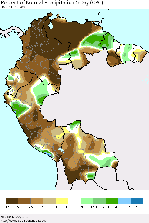 Northern South America Percent of Normal Precipitation 5-Day (CPC) Thematic Map For 12/11/2020 - 12/15/2020