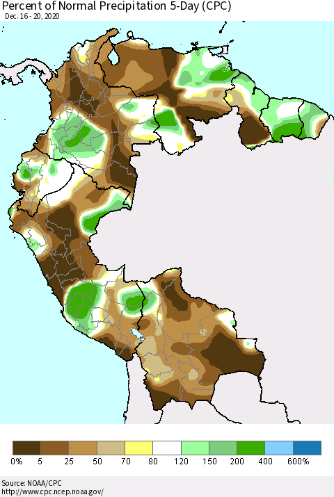 Northern South America Percent of Normal Precipitation 5-Day (CPC) Thematic Map For 12/16/2020 - 12/20/2020