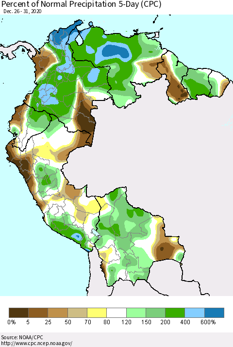 Northern South America Percent of Normal Precipitation 5-Day (CPC) Thematic Map For 12/26/2020 - 12/31/2020