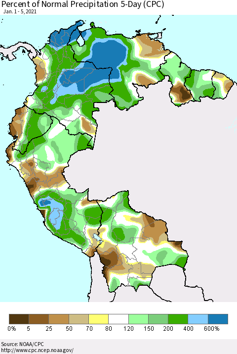 Northern South America Percent of Normal Precipitation 5-Day (CPC) Thematic Map For 1/1/2021 - 1/5/2021