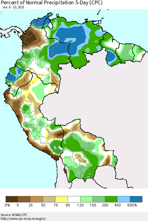 Northern South America Percent of Normal Precipitation 5-Day (CPC) Thematic Map For 1/6/2021 - 1/10/2021