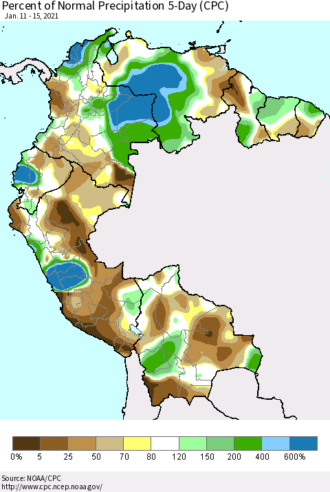 Northern South America Percent of Normal Precipitation 5-Day (CPC) Thematic Map For 1/11/2021 - 1/15/2021
