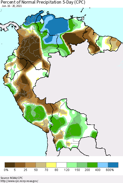 Northern South America Percent of Normal Precipitation 5-Day (CPC) Thematic Map For 1/16/2021 - 1/20/2021