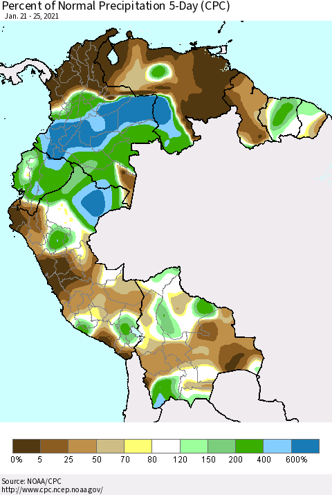 Northern South America Percent of Normal Precipitation 5-Day (CPC) Thematic Map For 1/21/2021 - 1/25/2021