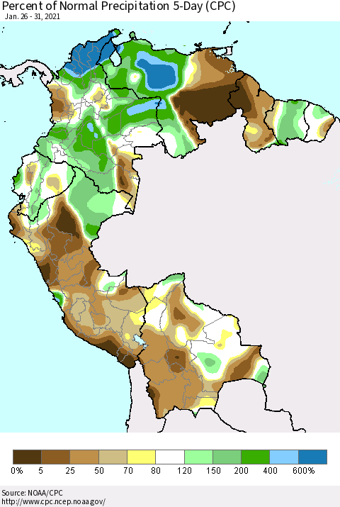 Northern South America Percent of Normal Precipitation 5-Day (CPC) Thematic Map For 1/26/2021 - 1/31/2021