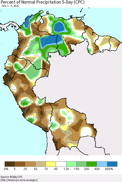 Northern South America Percent of Normal Precipitation 5-Day (CPC) Thematic Map For 2/1/2021 - 2/5/2021