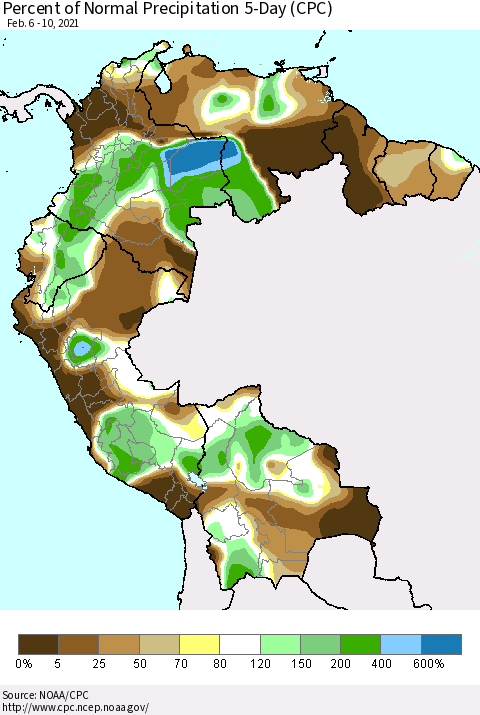 Northern South America Percent of Normal Precipitation 5-Day (CPC) Thematic Map For 2/6/2021 - 2/10/2021