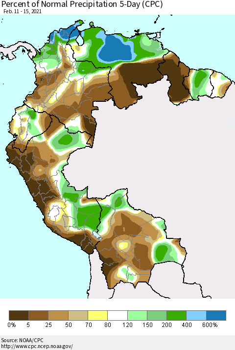 Northern South America Percent of Normal Precipitation 5-Day (CPC) Thematic Map For 2/11/2021 - 2/15/2021